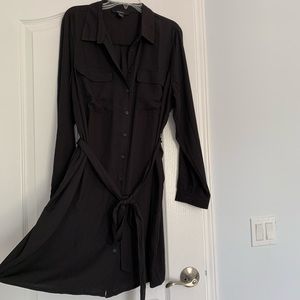 Black button down dress with tie and long sleeves